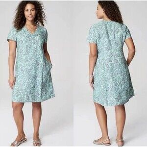 J. Jill Love Linen Sea Glass Blue Purple Paisley Print Shift Dress Women's L